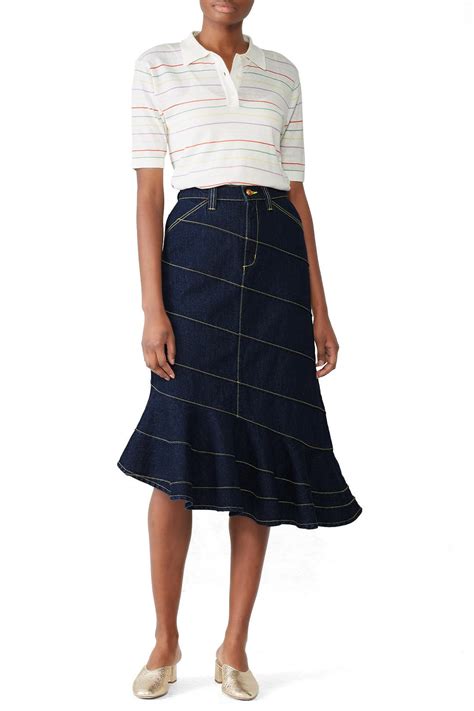 tory burch asymetric stitch denim skirt